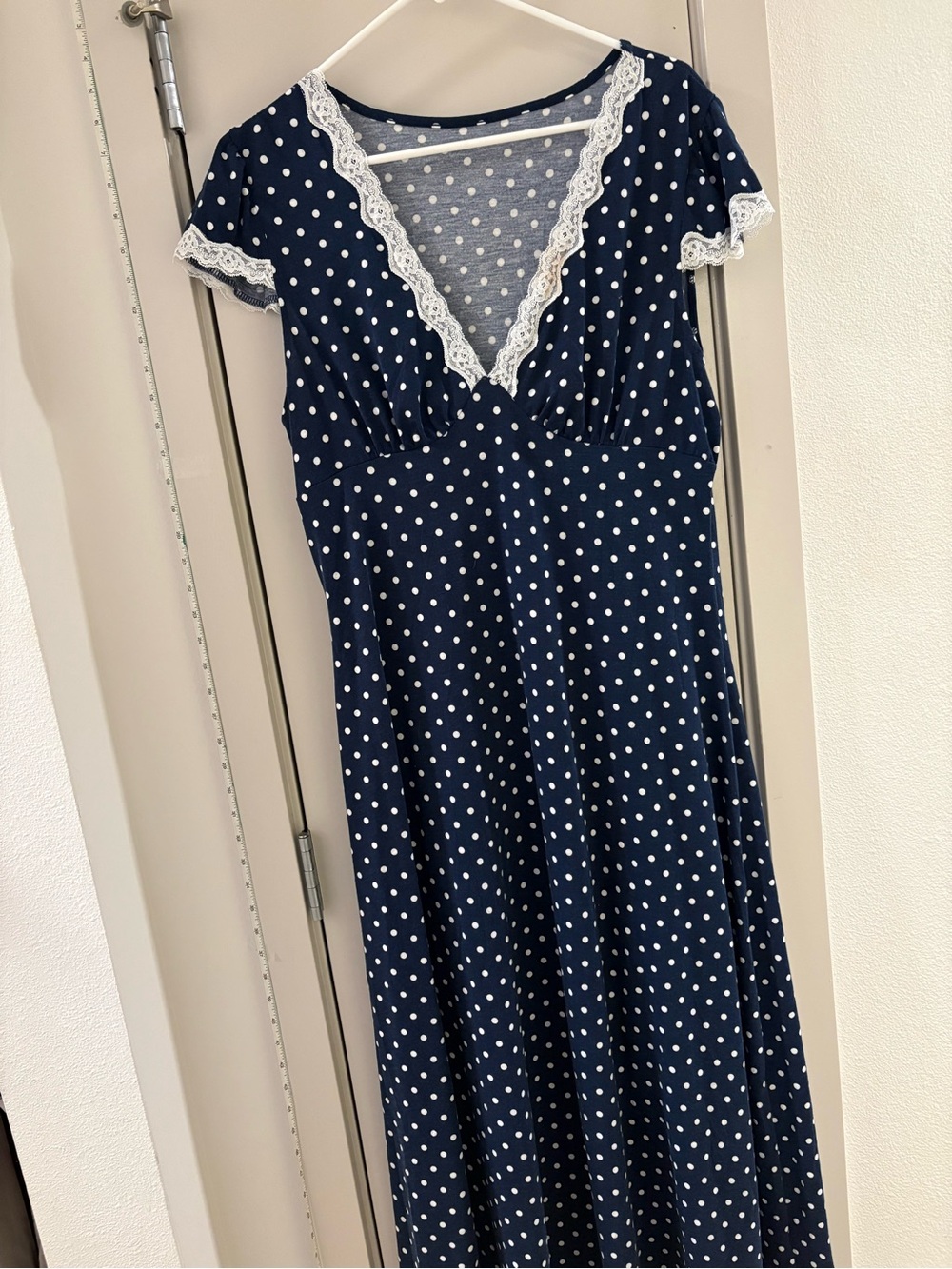 Navy Polka Dot Lace Trim Maxi Dress - Women